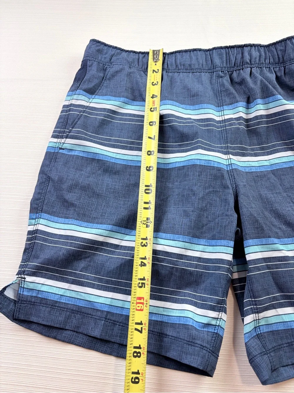 Speedo Men's Dark Blue Swim Shorts with Light Blue and White Stripes